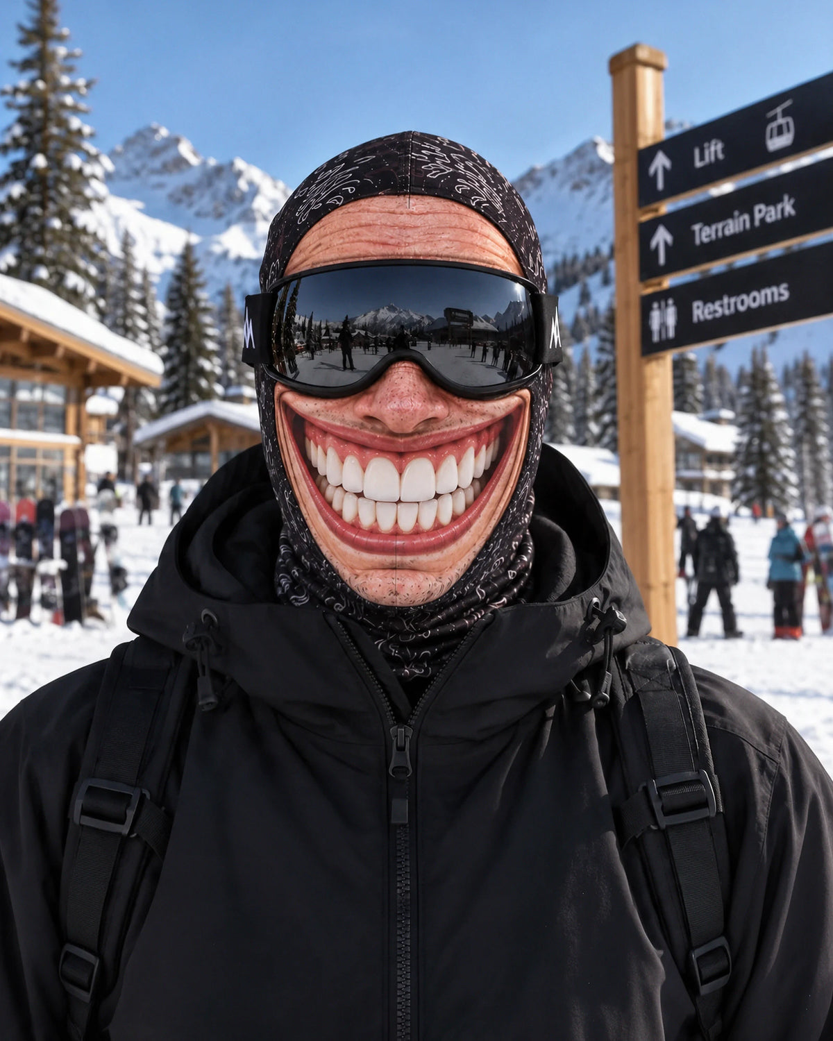 Toothy Smile printed mask styled with ski goggles