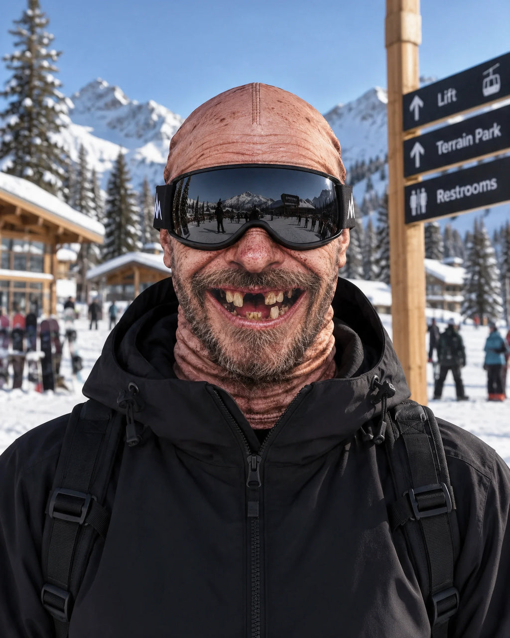 Bald Grandpa printed mask styled with ski goggles