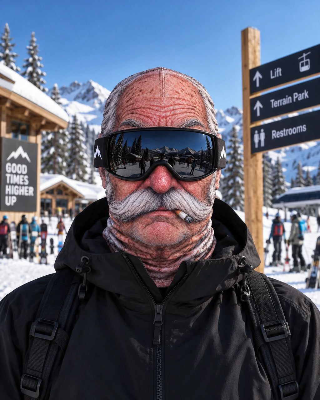 Mustached Grandpa printed mask styled with ski goggles