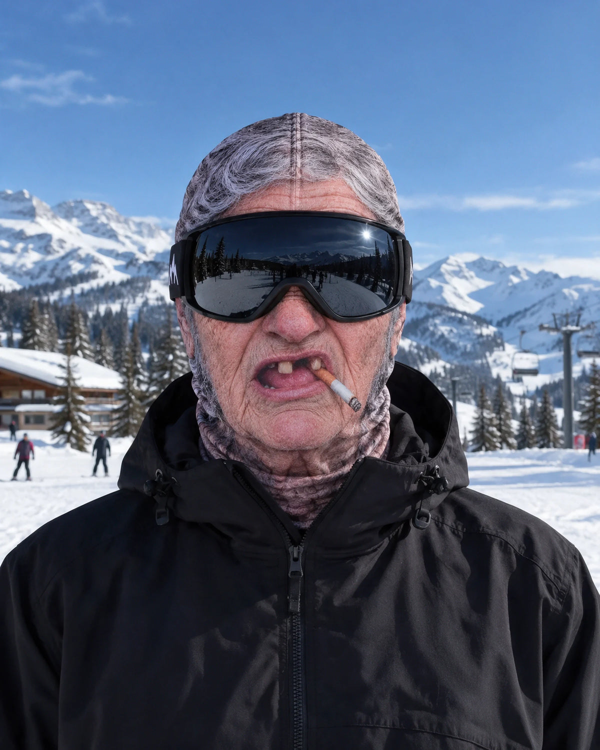 Gray-Haired Grandpa printed mask styled with ski goggles