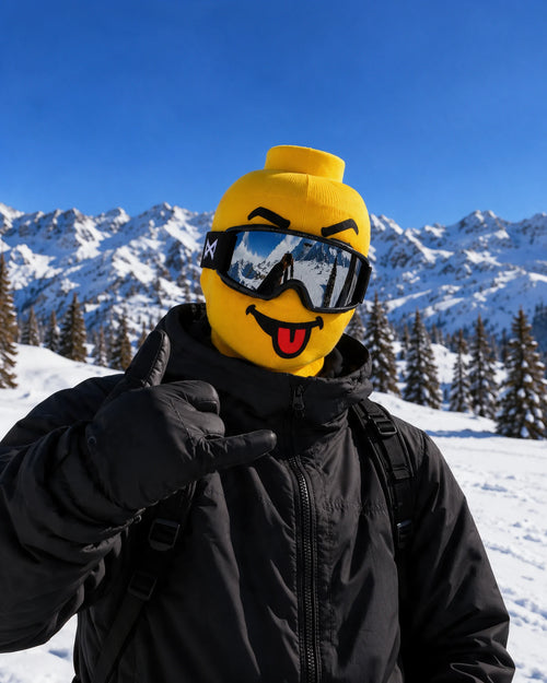 Cheeky Tongue printed mask styled with ski goggles