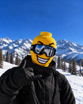 Big Smile printed mask styled with ski goggles