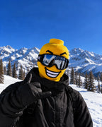 Big Smile printed mask styled with ski goggles