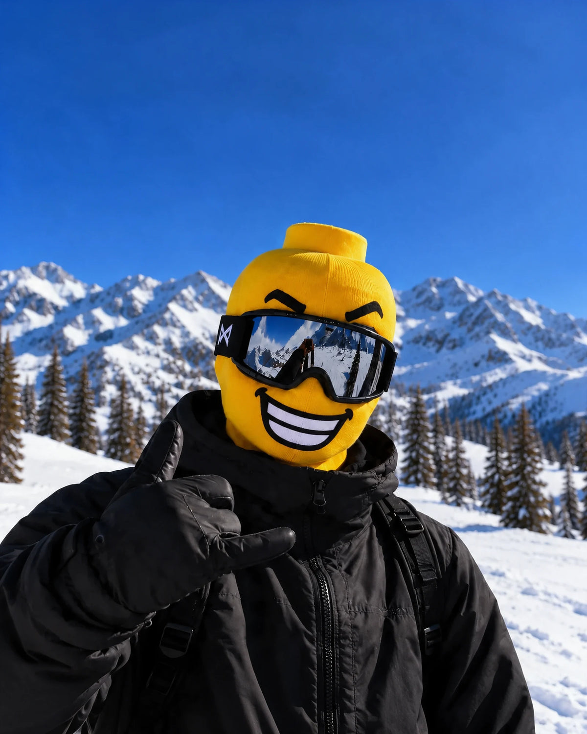 Big Smile printed mask styled with ski goggles