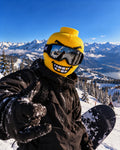 Toothy Grin printed mask styled with ski goggles