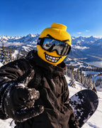 Toothy Grin printed mask styled with ski goggles