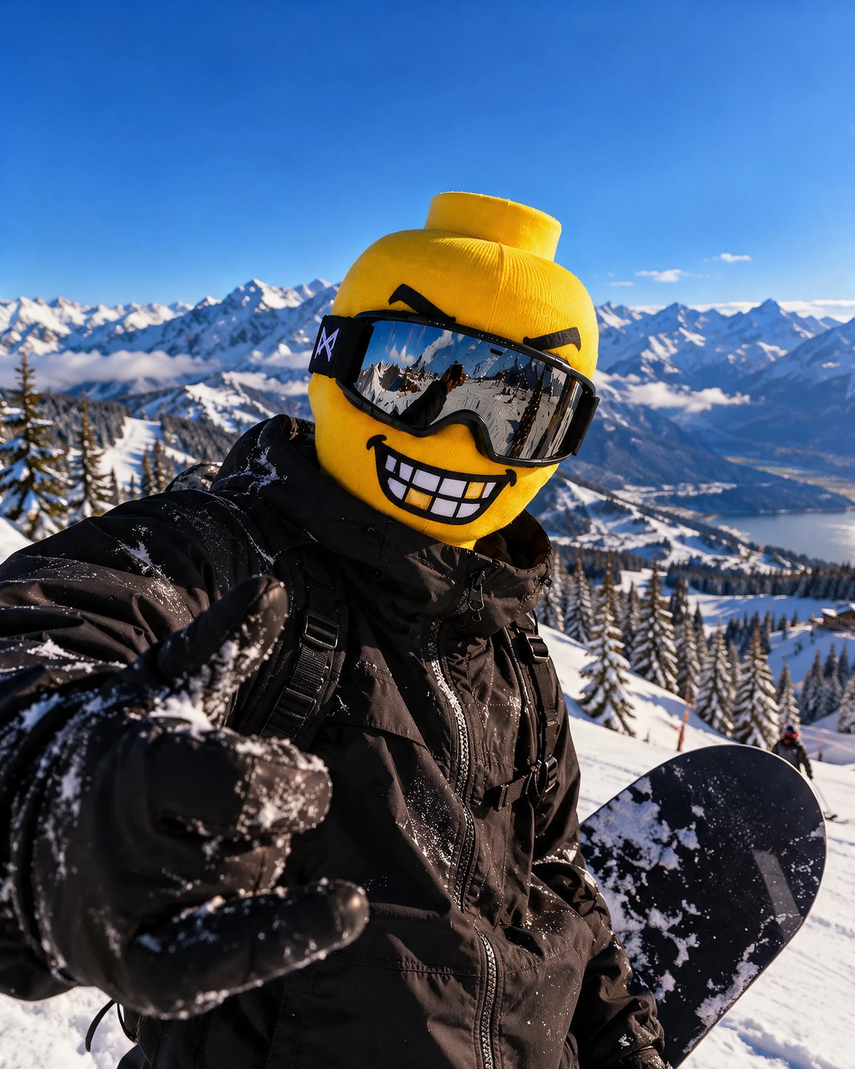 Toothy Grin printed mask styled with ski goggles