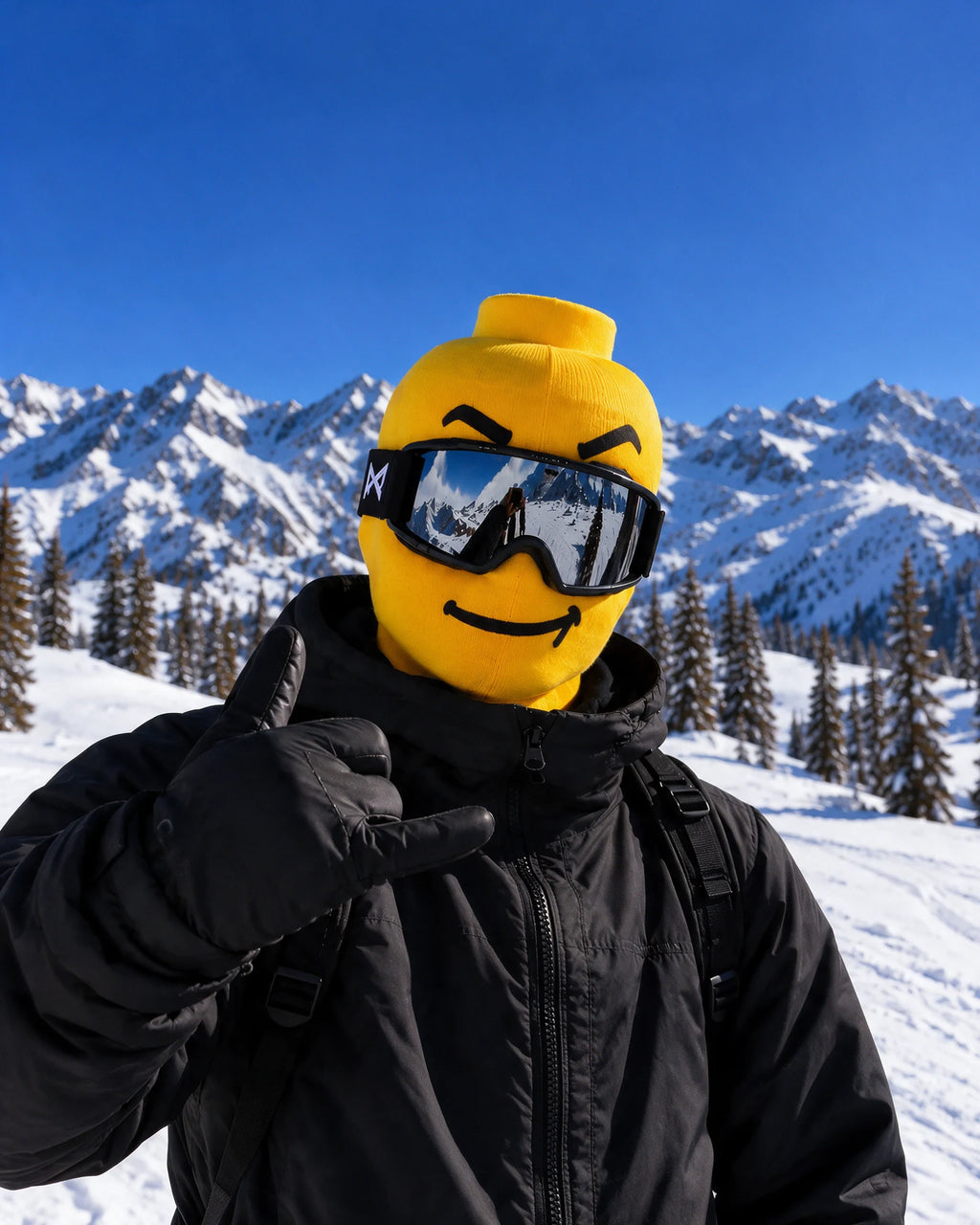 Classic Smile printed mask styled with ski goggles