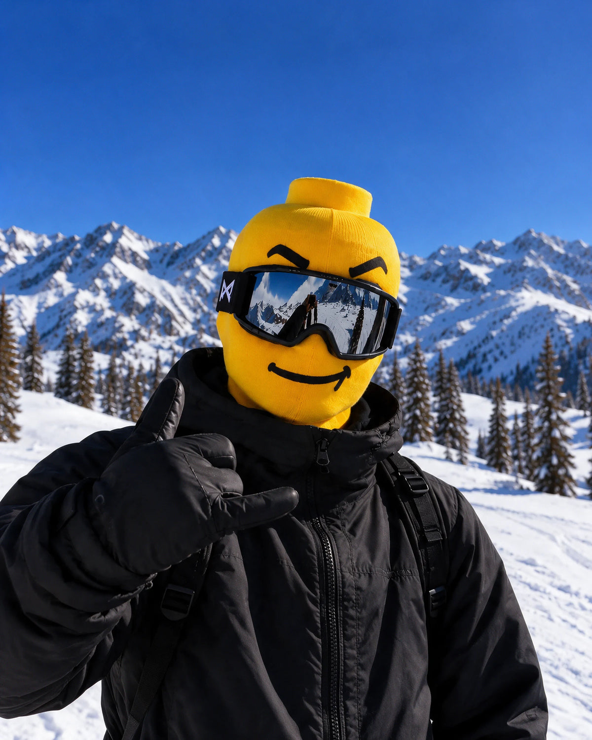 Classic Smile printed mask styled with ski goggles