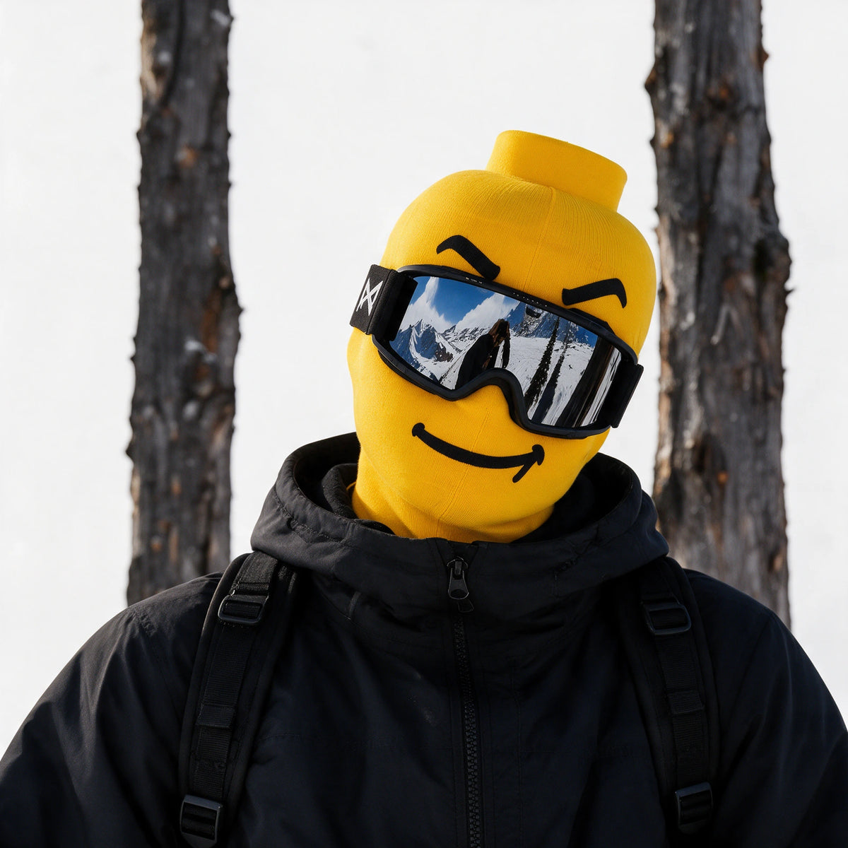 Printed fabric mask worn with ski goggles. Goggles and clothing not included.