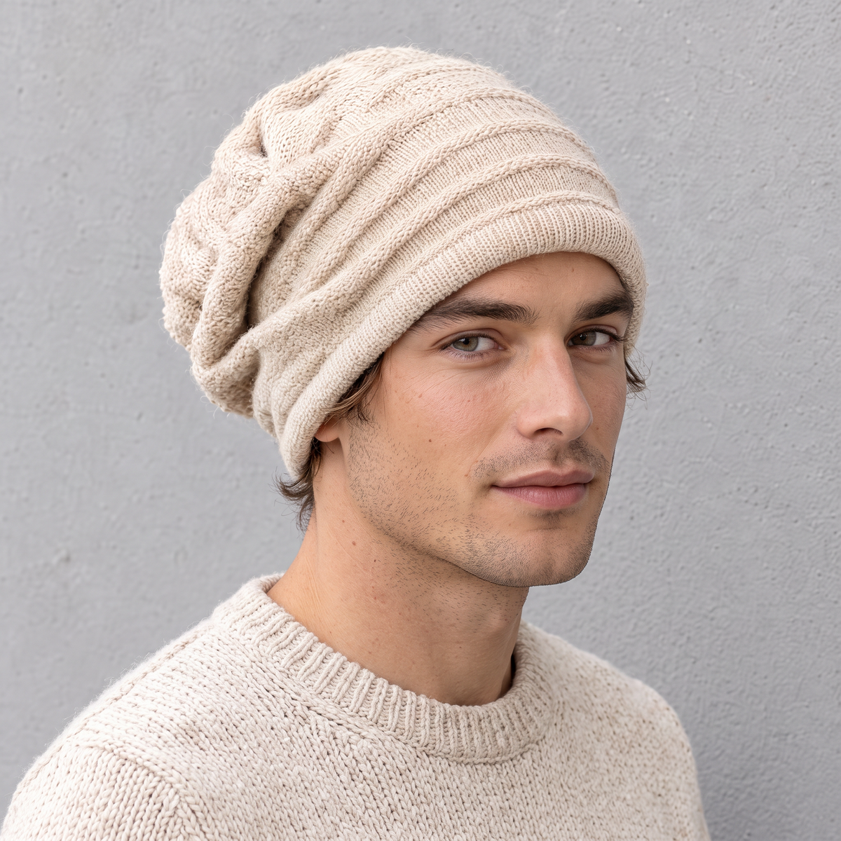 Men's Cashmere Slouchy Beanie — Apricot — worn introduction