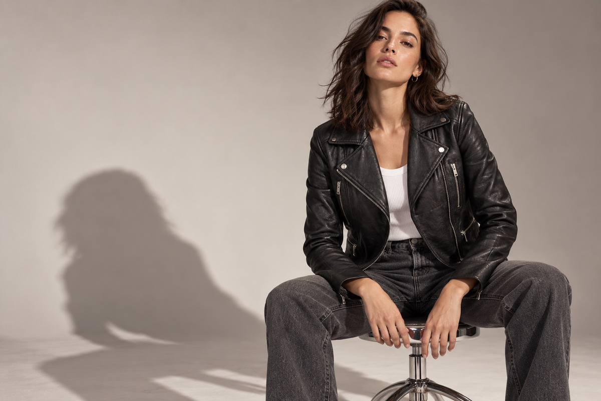 Studio portrait wearing the Marissa black leather moto jacket
