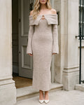 Beige off-shoulder clasp-detail knit midi dress