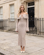 Beige off-shoulder clasp-detail knit midi dress