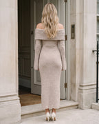 Beige off-shoulder clasp-detail knit midi dress