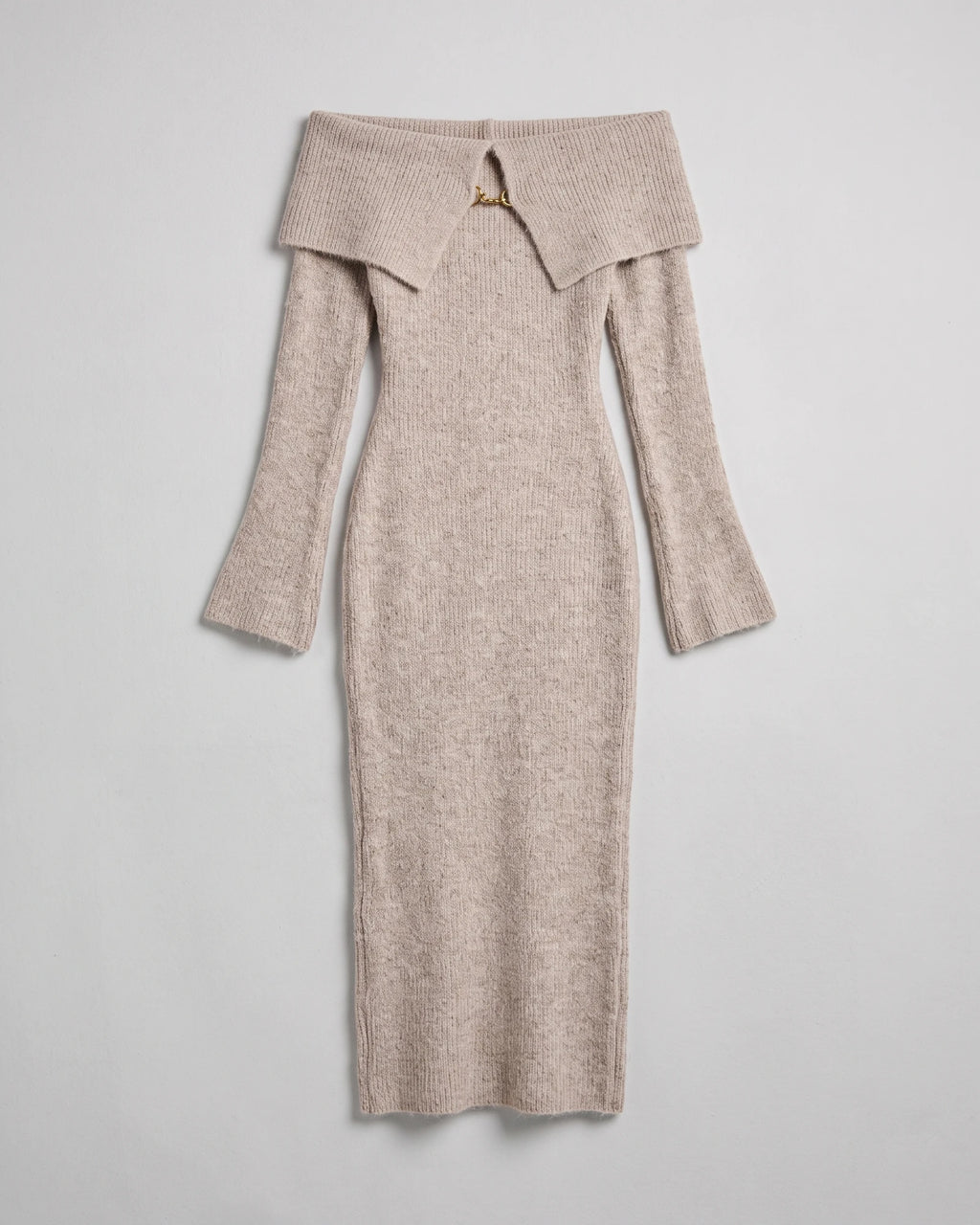 Beige off-shoulder clasp-detail knit midi dress
