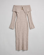 Beige off-shoulder clasp-detail knit midi dress