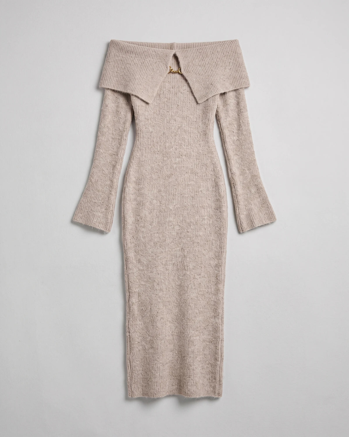 Beige off-shoulder clasp-detail knit midi dress