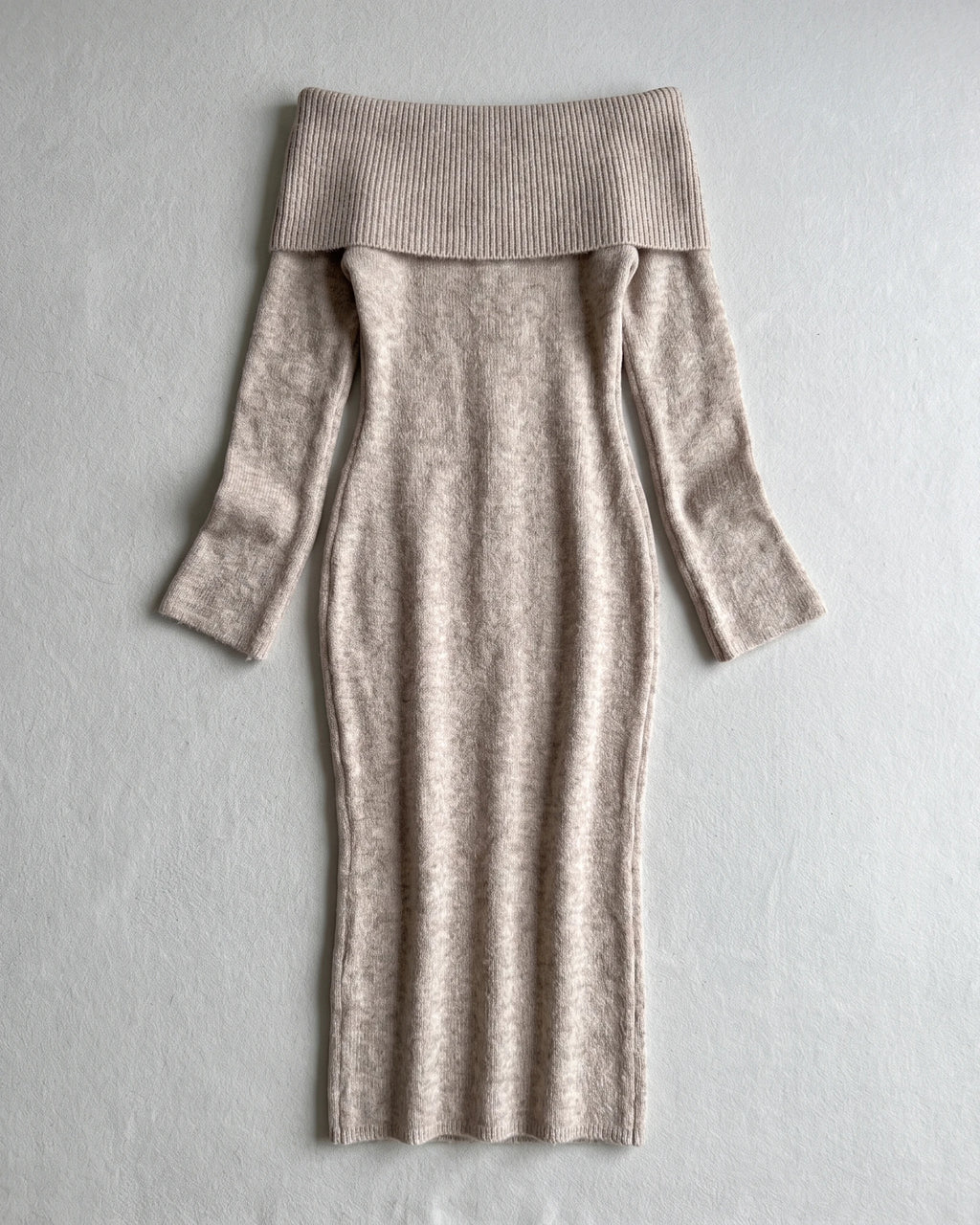 Beige off-shoulder clasp-detail knit midi dress