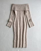 Beige off-shoulder clasp-detail knit midi dress