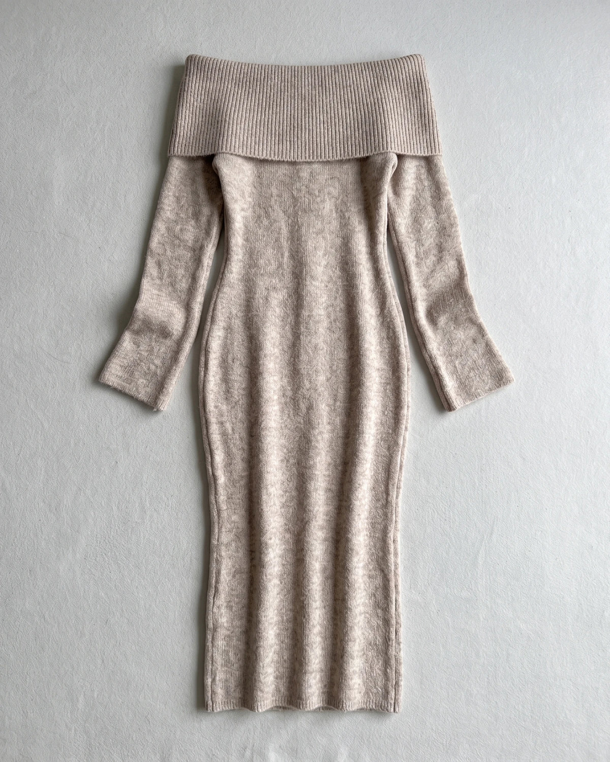 Beige off-shoulder clasp-detail knit midi dress