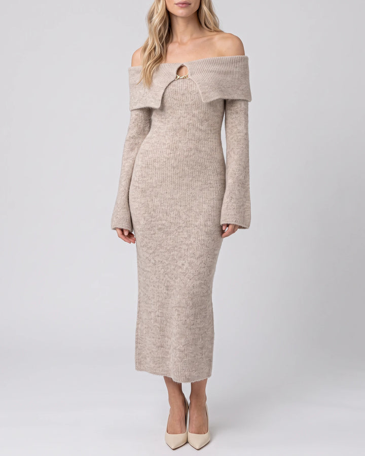 Beige off-shoulder clasp-detail knit midi dress