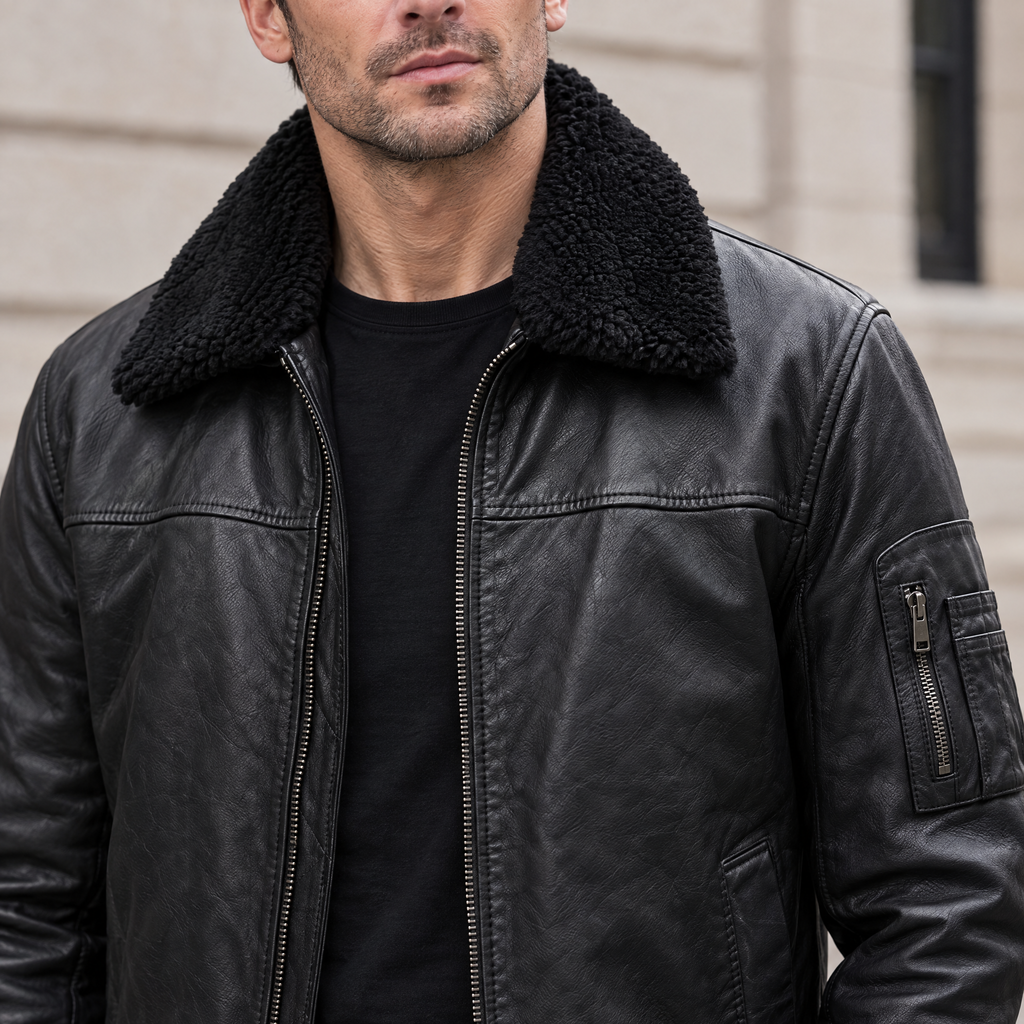 Men's Ace Leather Bomber Jacket with Shearling Collar — Black — chest-detail