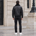 Men's Ace Leather Bomber Jacket with Shearling Collar — Black — full-body-back