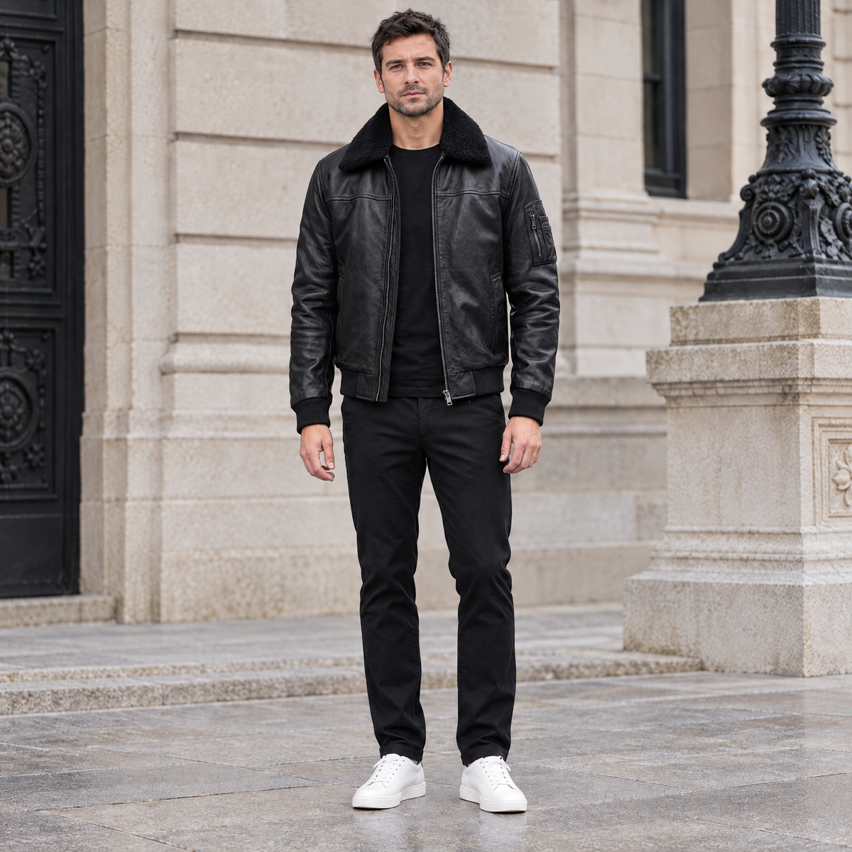 Men's Ace Leather Bomber Jacket with Shearling Collar — Black — full-body-front