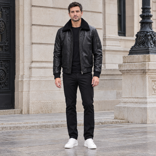 Men's Ace Leather Bomber Jacket with Shearling Collar — Black — full-body-front