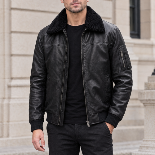 Men's Ace Leather Bomber Jacket with Shearling Collar — Black — hero