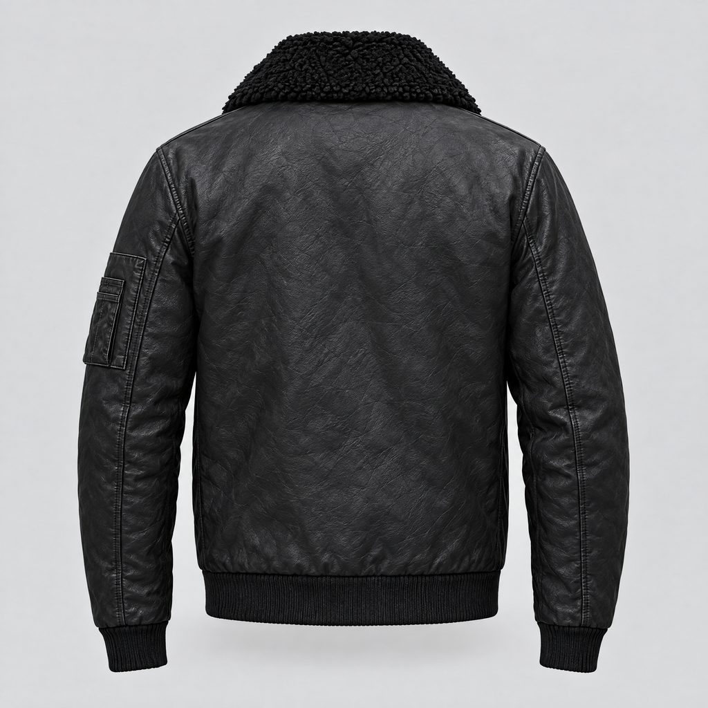 Men's Ace Leather Bomber Jacket with Shearling Collar — Black — product-back