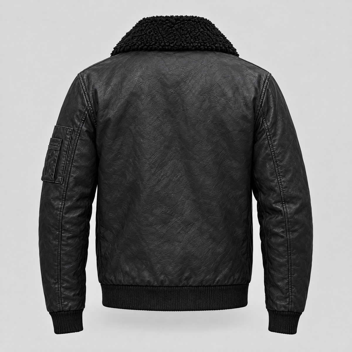 Men's Ace Leather Bomber Jacket with Shearling Collar — Black — product-back