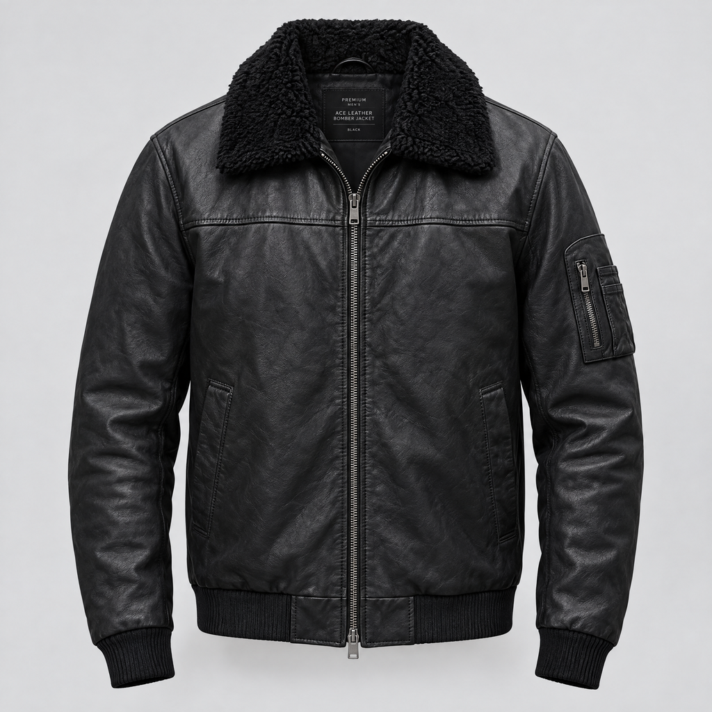 Men's Ace Leather Bomber Jacket with Shearling Collar — Black — product-front