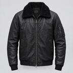 Men's Ace Leather Bomber Jacket with Shearling Collar — Black — product-front