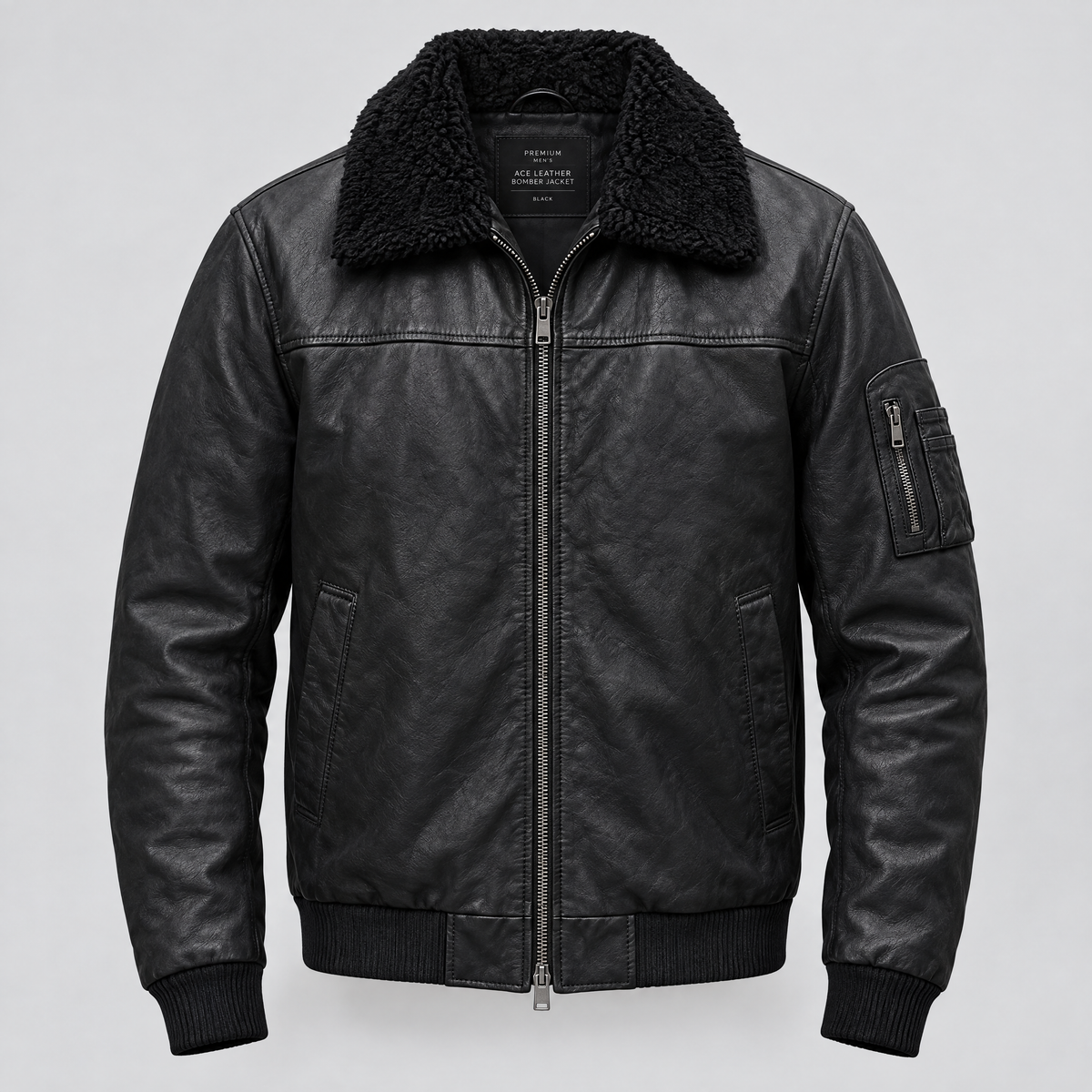 Men's Ace Leather Bomber Jacket with Shearling Collar — Black — product-front