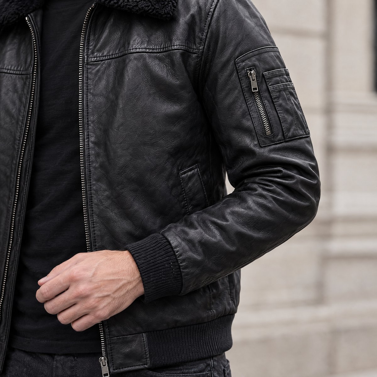 Men's Ace Leather Bomber Jacket with Shearling Collar — Black — sleeve-detail