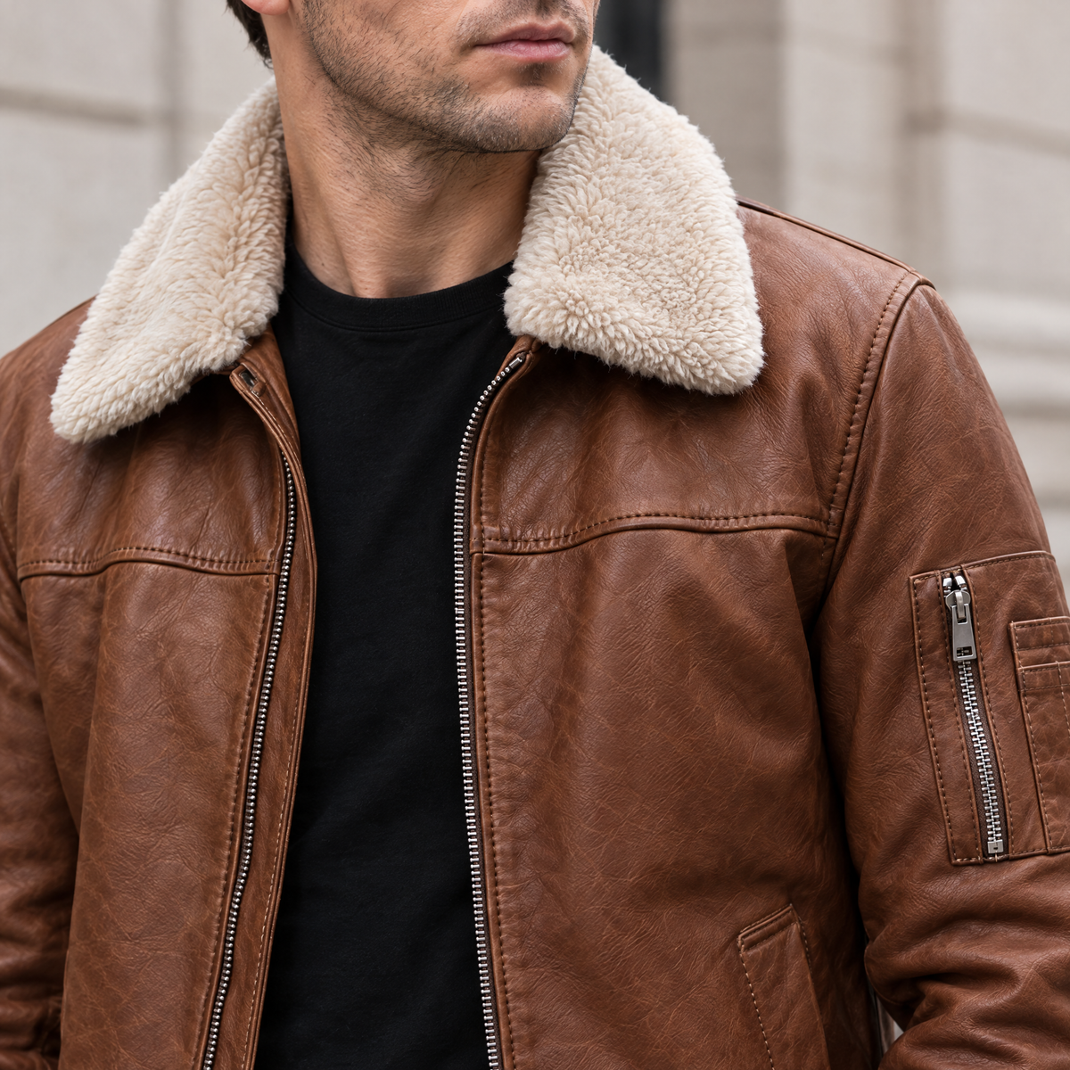 Men's Ace Leather Bomber Jacket with Shearling Collar — Cognac — chest-detail