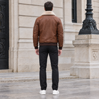 Men's Ace Leather Bomber Jacket with Shearling Collar — Cognac — full-body-back