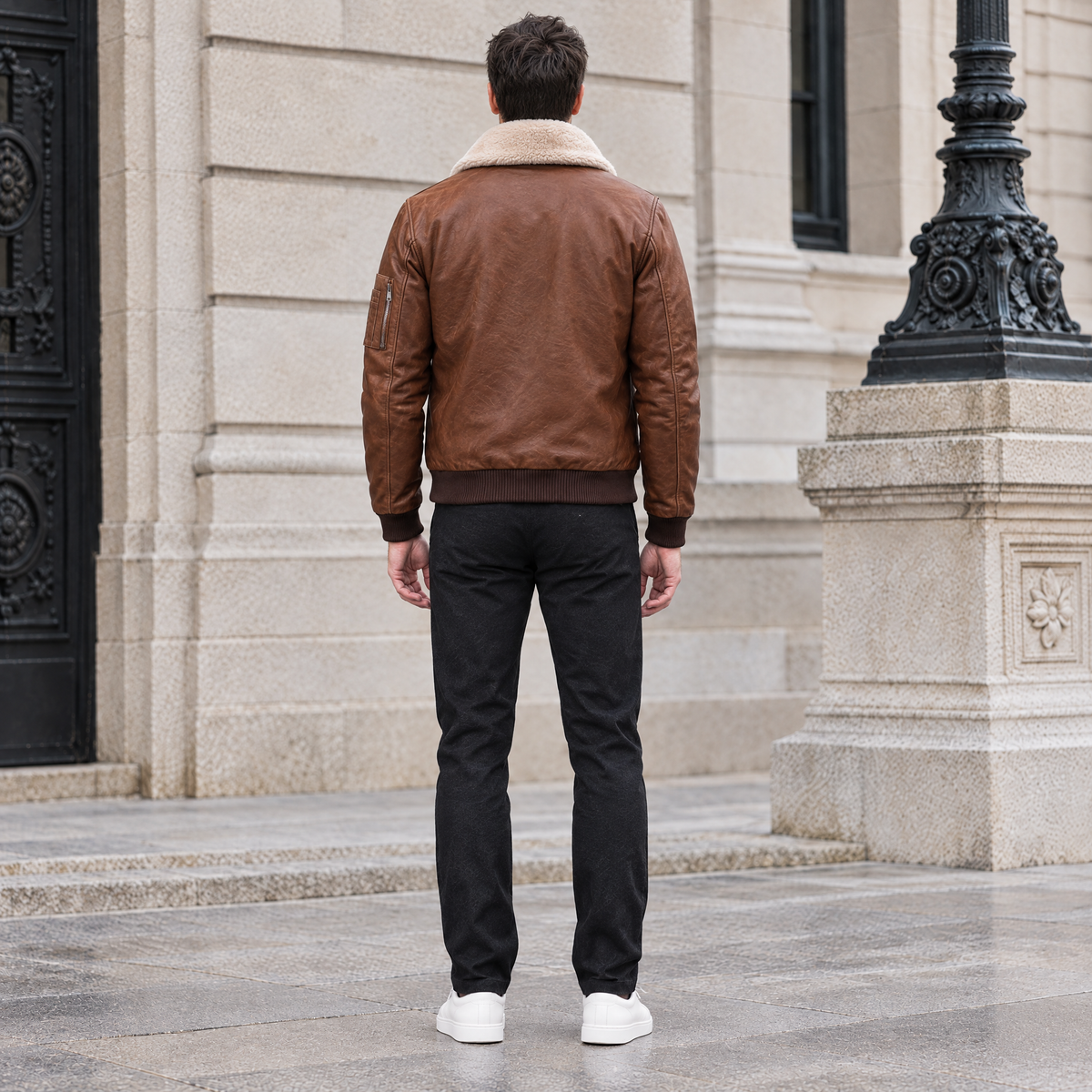 Men's Ace Leather Bomber Jacket with Shearling Collar — Cognac — full-body-back