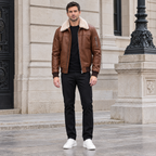Men's Ace Leather Bomber Jacket with Shearling Collar — Cognac — full-body-front