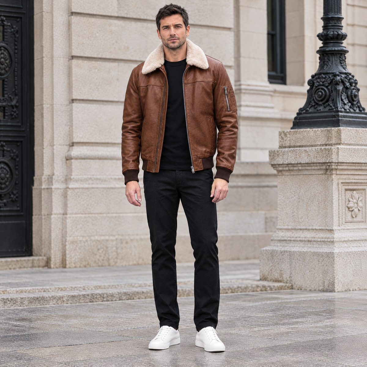 Men's Ace Leather Bomber Jacket with Shearling Collar — Cognac — full-body-front