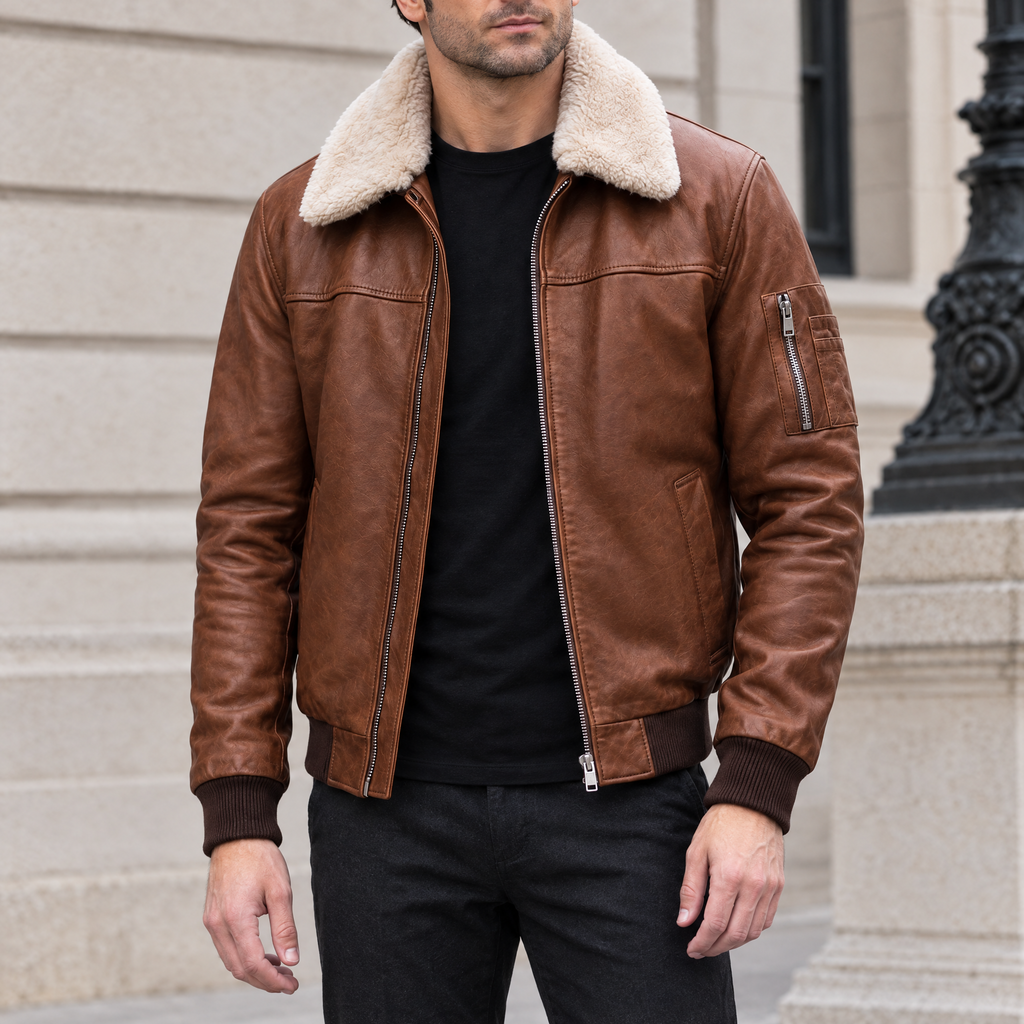 Men's Ace Leather Bomber Jacket with Shearling Collar — Cognac — hero