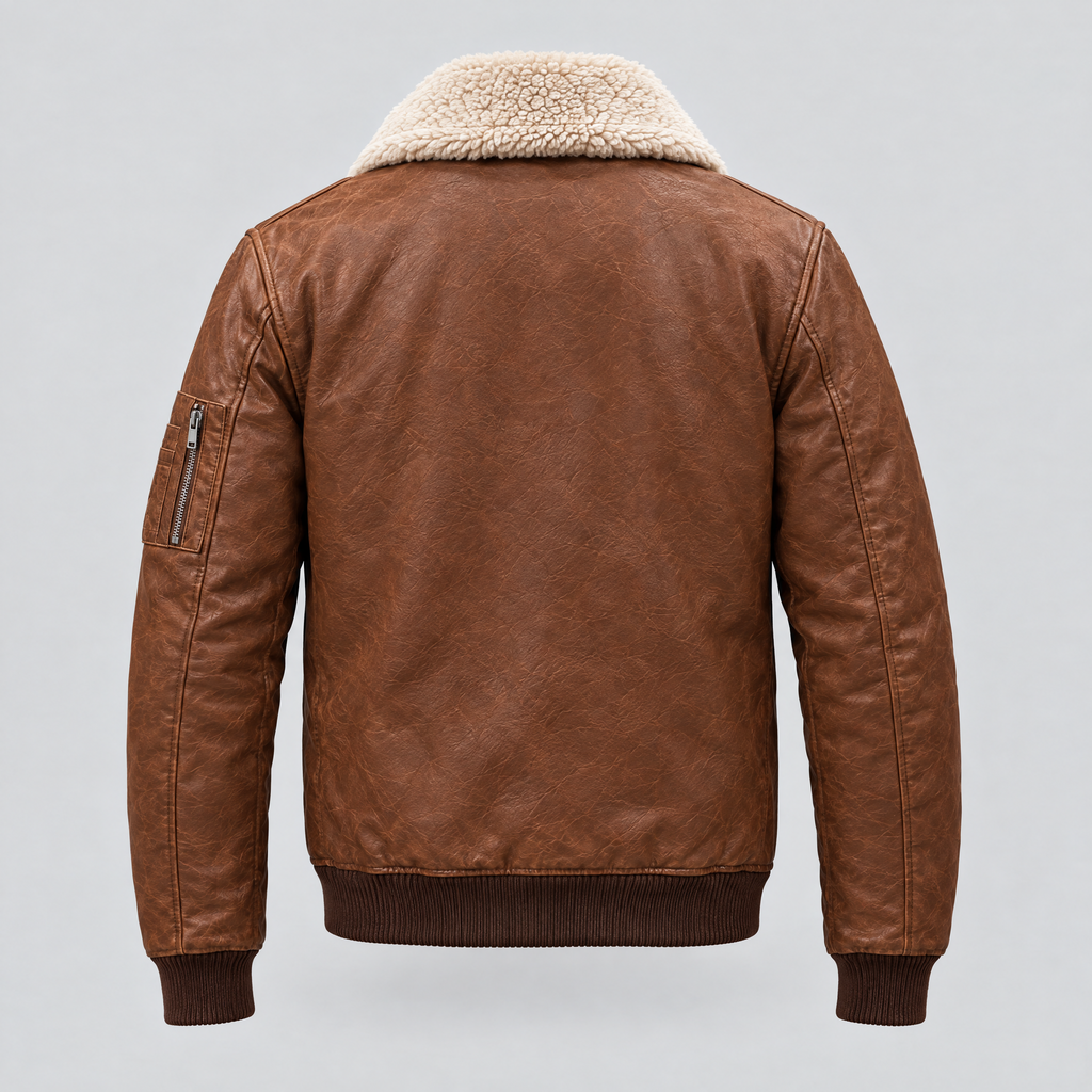Men's Ace Leather Bomber Jacket with Shearling Collar — Cognac — product-back