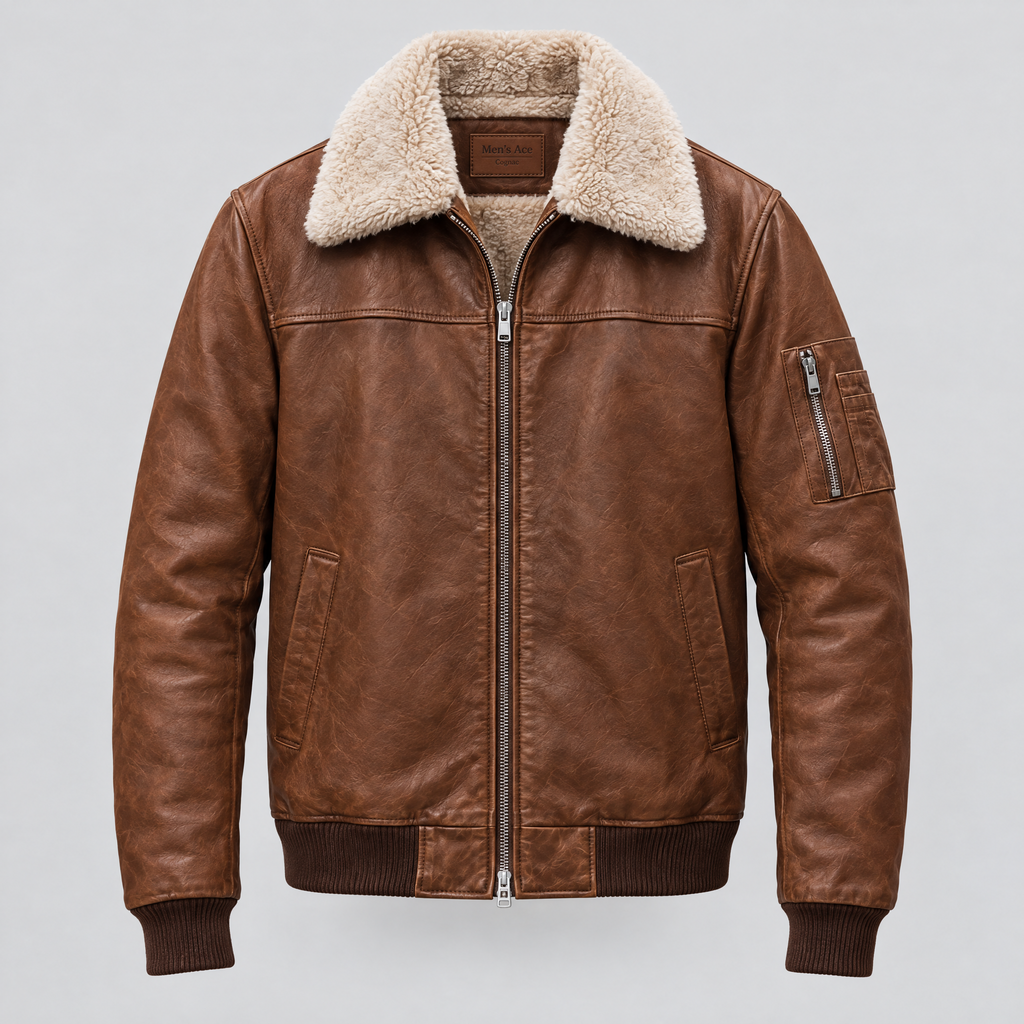 Men's Ace Leather Bomber Jacket with Shearling Collar — Cognac — product-front