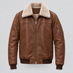 Men's Ace Leather Bomber Jacket with Shearling Collar — Cognac — product-front