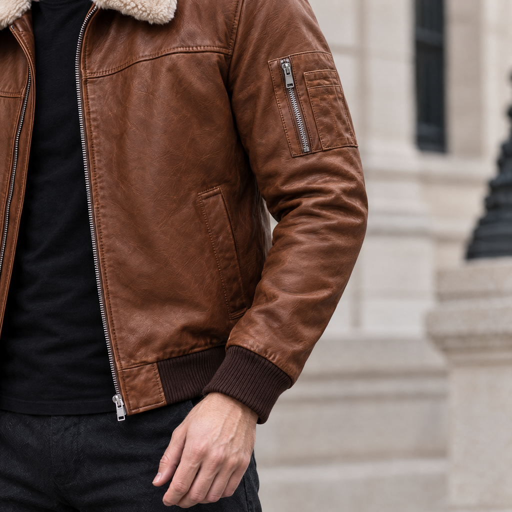 Men's Ace Leather Bomber Jacket with Shearling Collar — Cognac — sleeve-detail