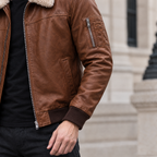 Men's Ace Leather Bomber Jacket with Shearling Collar — Cognac — sleeve-detail
