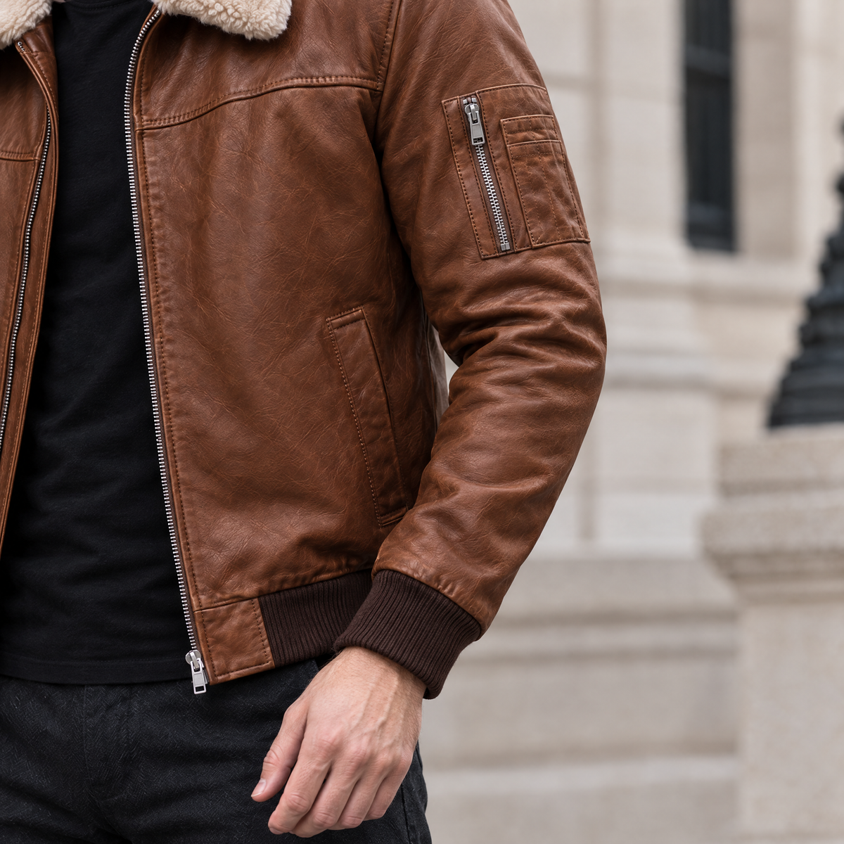 Men's Ace Leather Bomber Jacket with Shearling Collar — Cognac — sleeve-detail