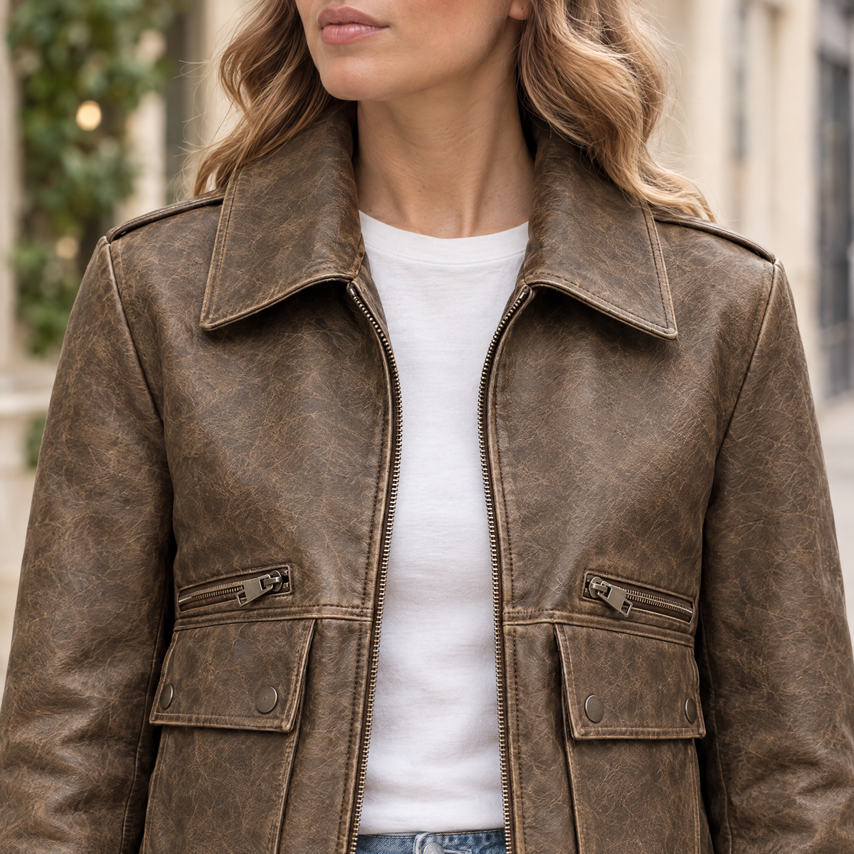 Women's Addis Leather Aviator Jacket — Brown — chest-detail